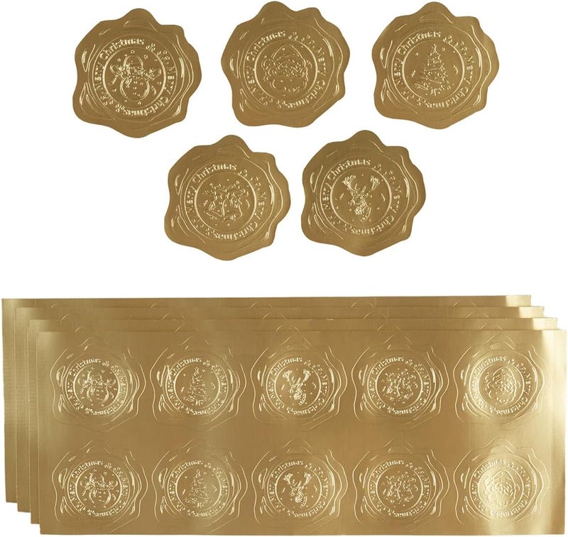 Homtable 300 Pieces Embossed Gold Foil Stickers Gold Stickers for Envelopes, Wedding Invitations, Christmas Greeting Cards Envelopes (Gold Christmas) - Image 1